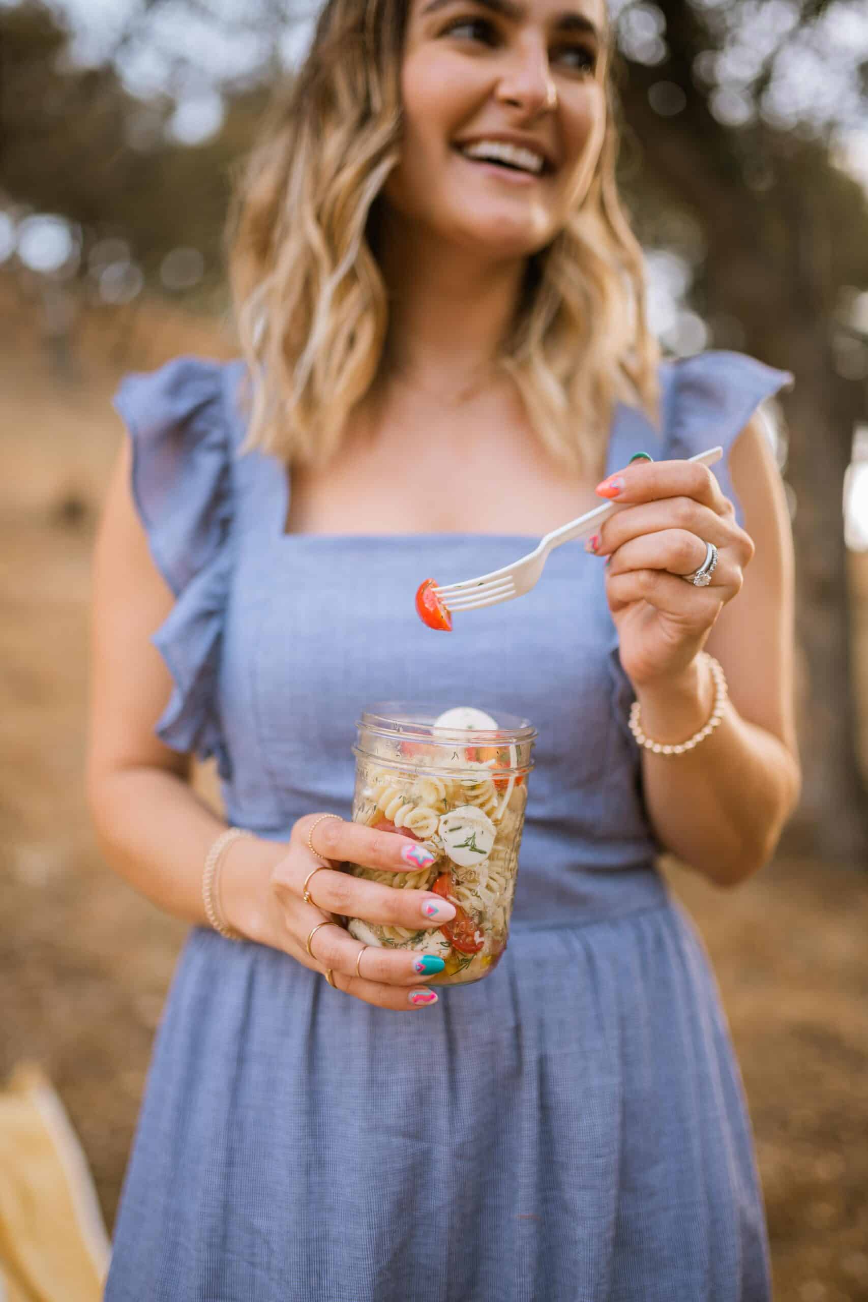 Quick and Easy Summer Pasta Salad Recipe, Italian pasta salad with mozzarella and tomatoes | Charmed by Camille