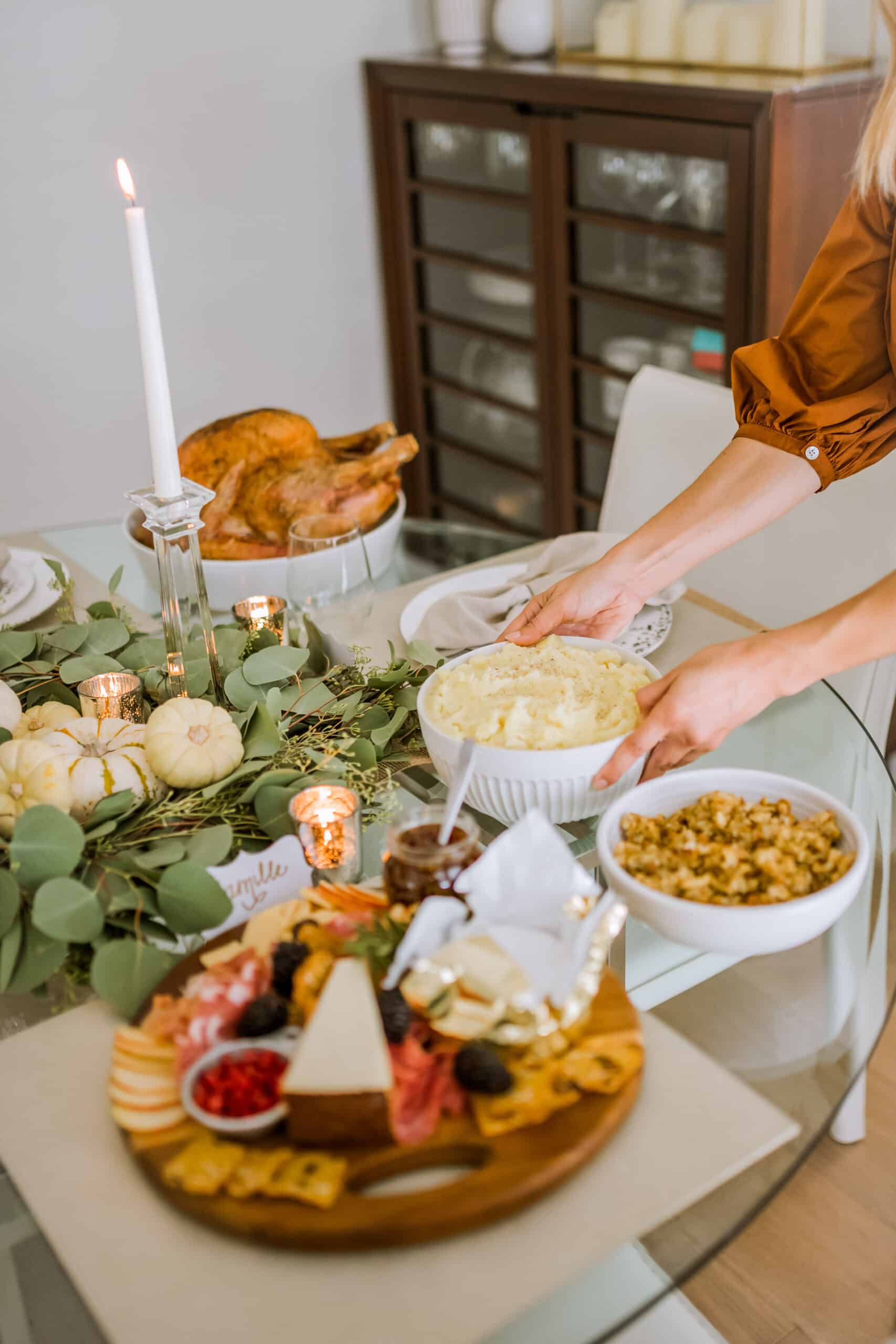 Charcuterie, mashed potatoes, and Turkey