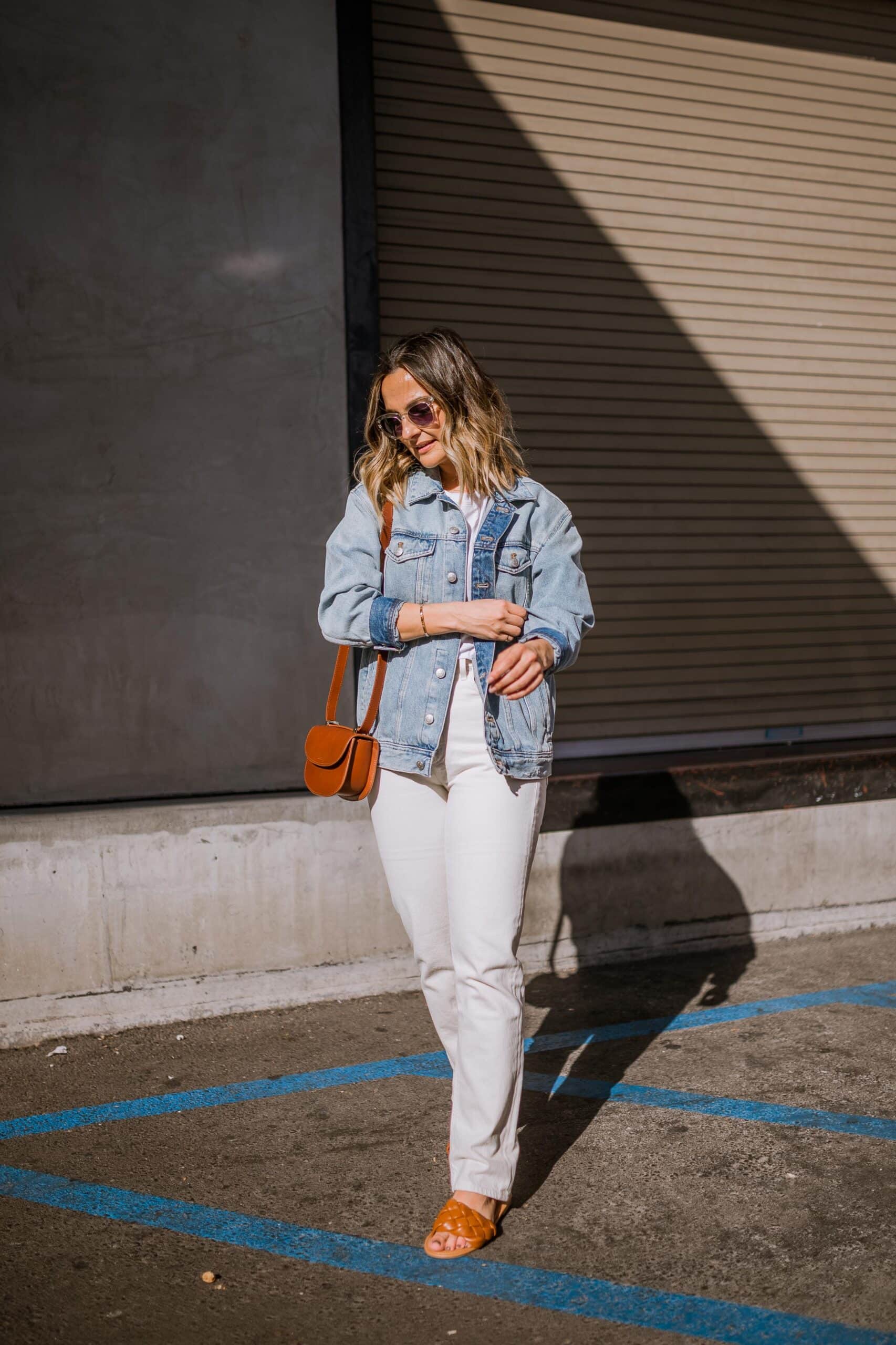 Denim Jacket Outfit Idea White Pants | Charmed by Camille