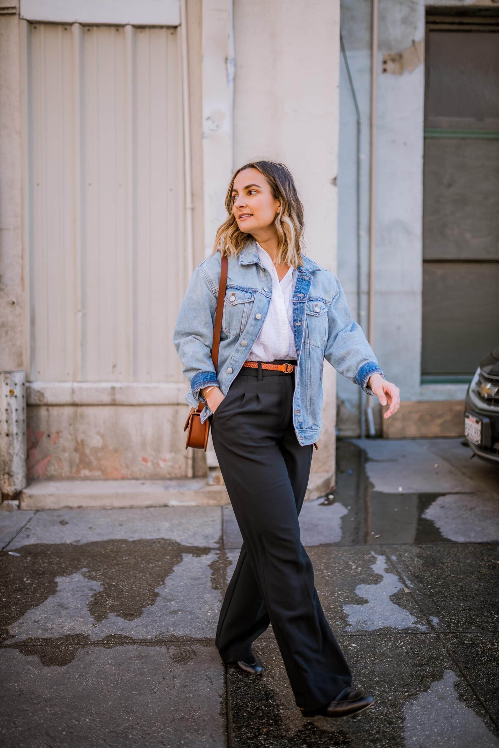 Denim Jacket Outfit Business, Wide Leg Pants | Charmed by Camille