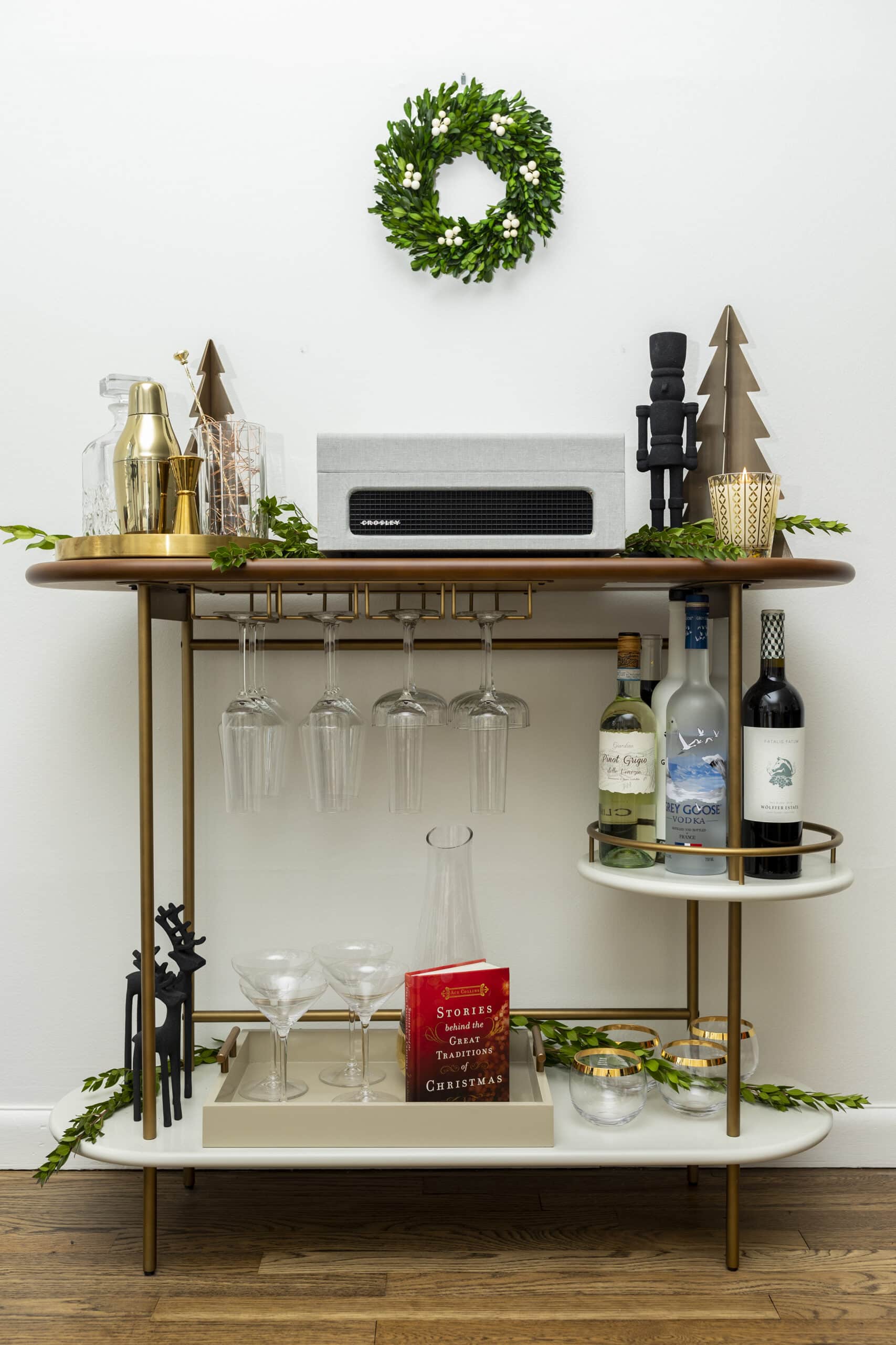 How to Decorate a Bar Cart for Christmas, Christmas Bar Cart, Holiday Bar Cart | Charmed by Camille