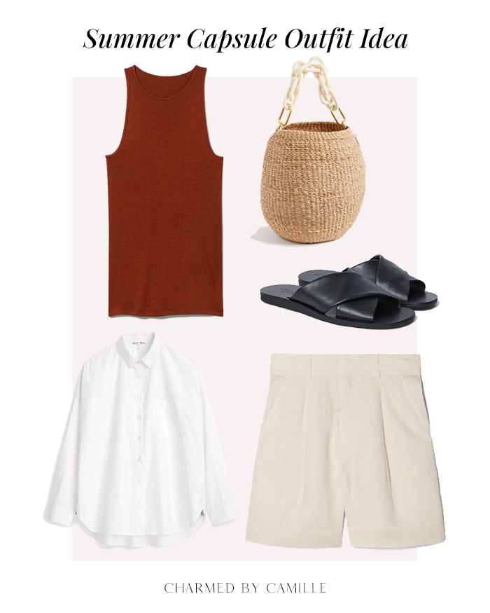 red tank cream shorts outfit