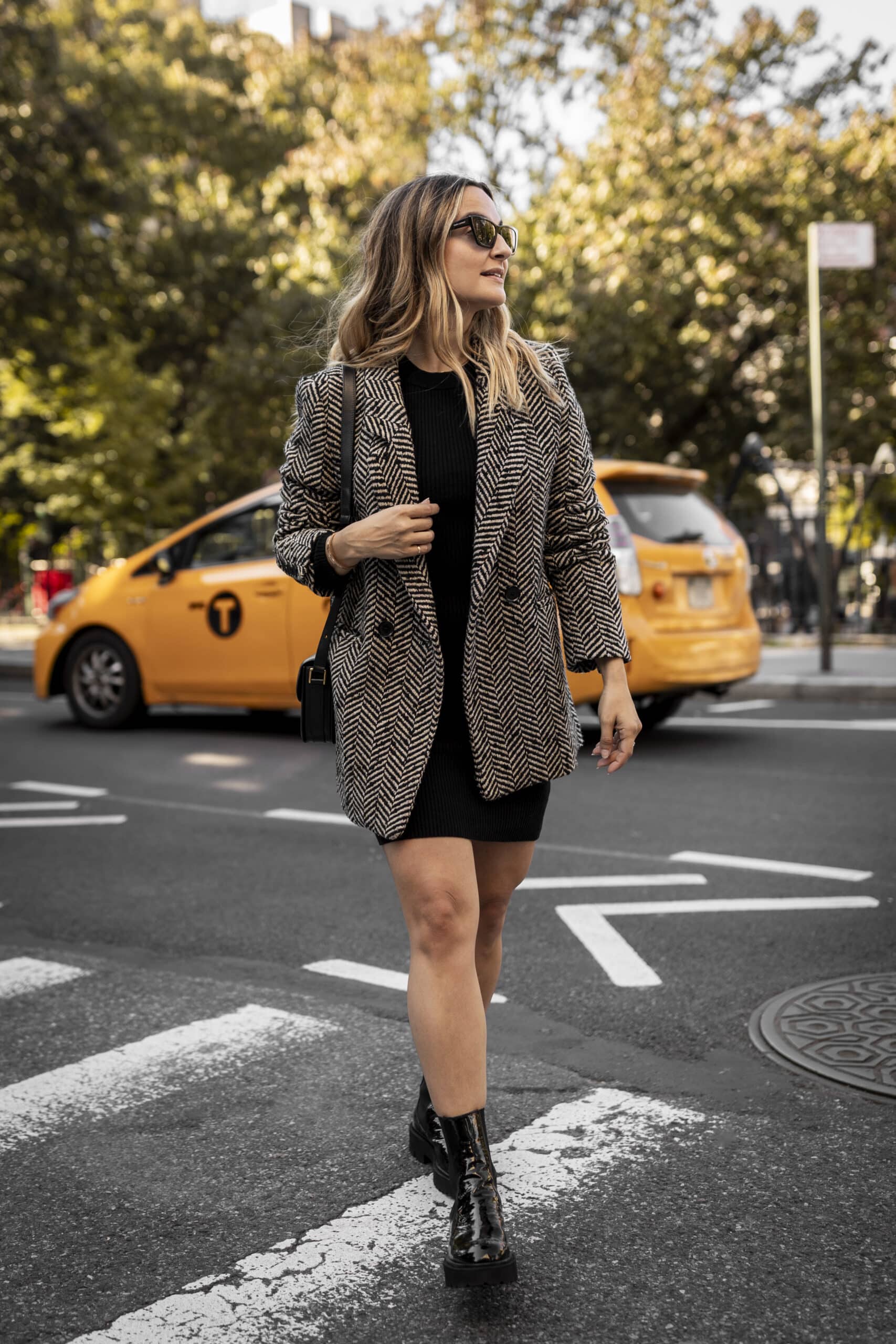 How to Wear A Sweater Dress, Black Mini Sweater Dress and Blazer, Sweater Dress Combat Boots | Charmed by Camille