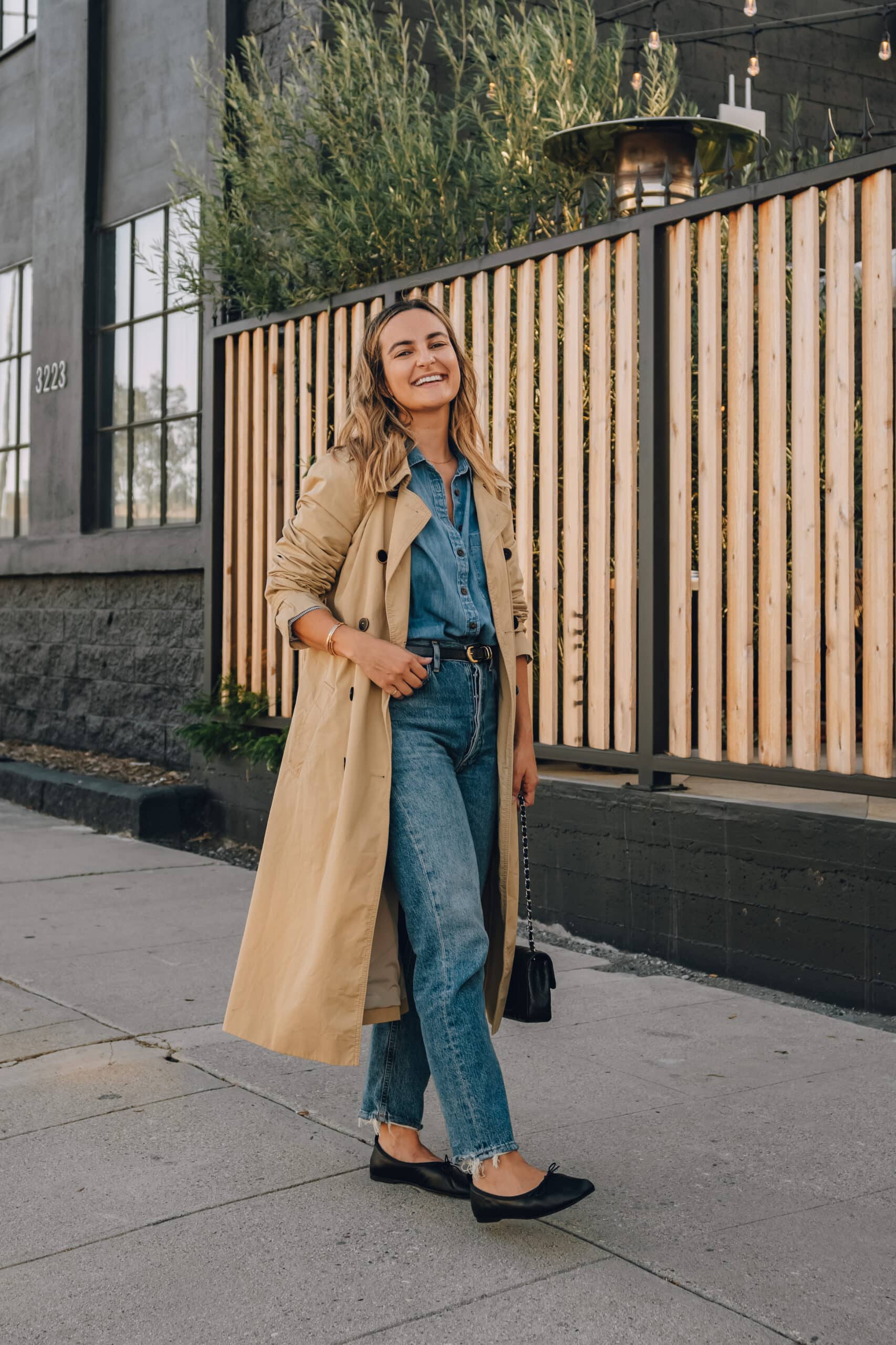 Denim on Denim and trench coat Denim on Denim Outfit | Charmed by Camille