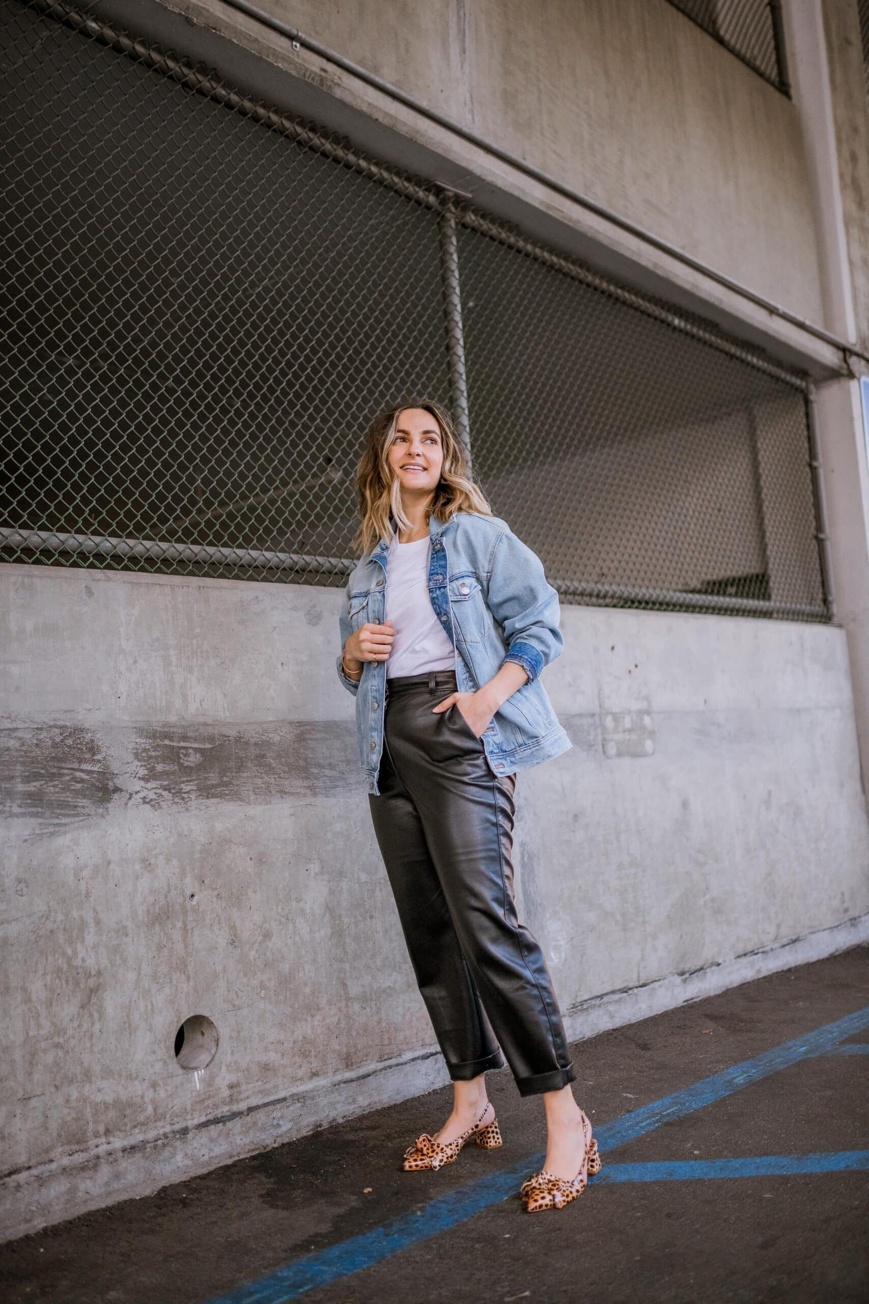 Leather Pants Denim Jacket Leather Pants, a Denim Jacket, and Fun Heels