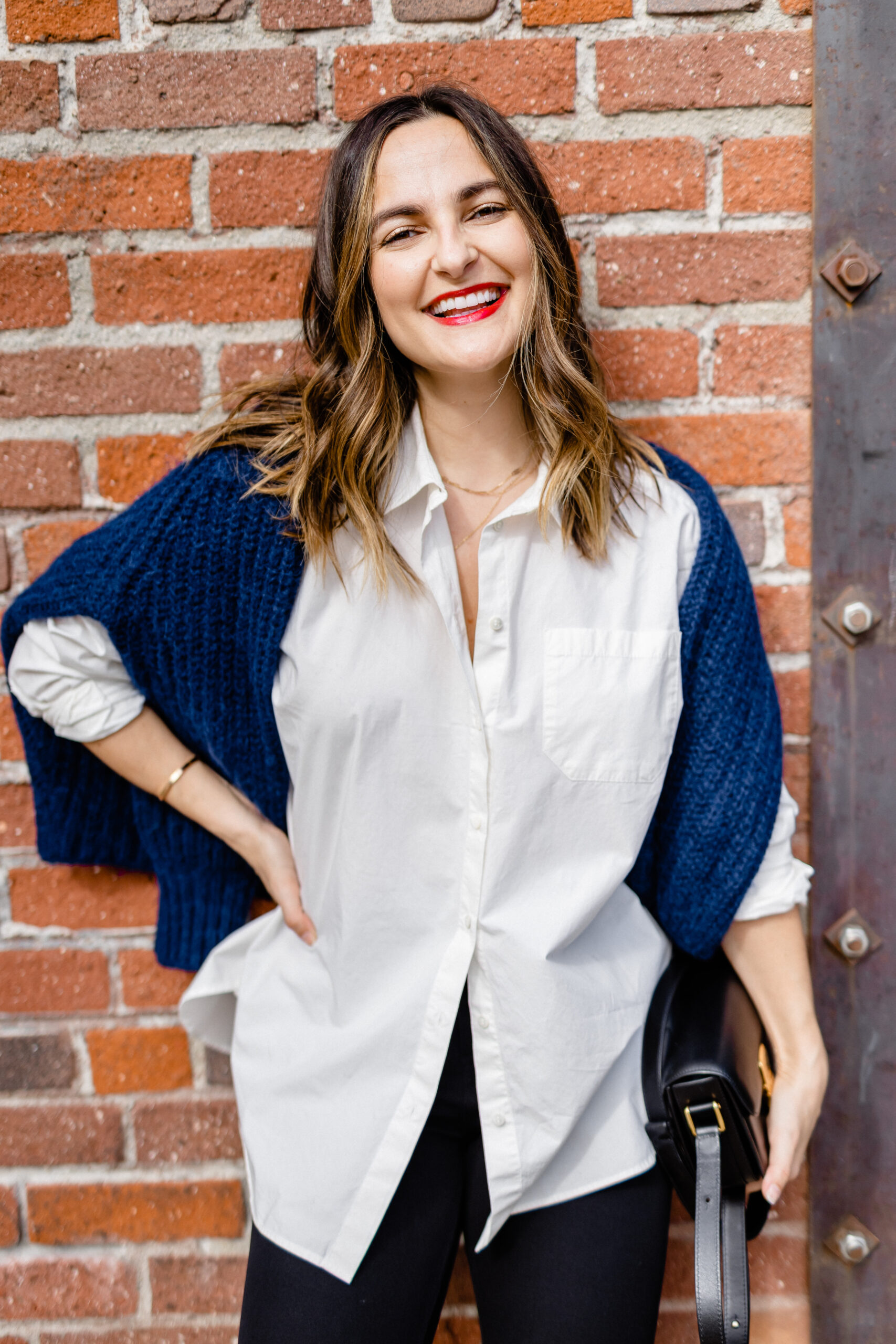 Camille Carter wearing white button down shirt | Sezane Max Shirt