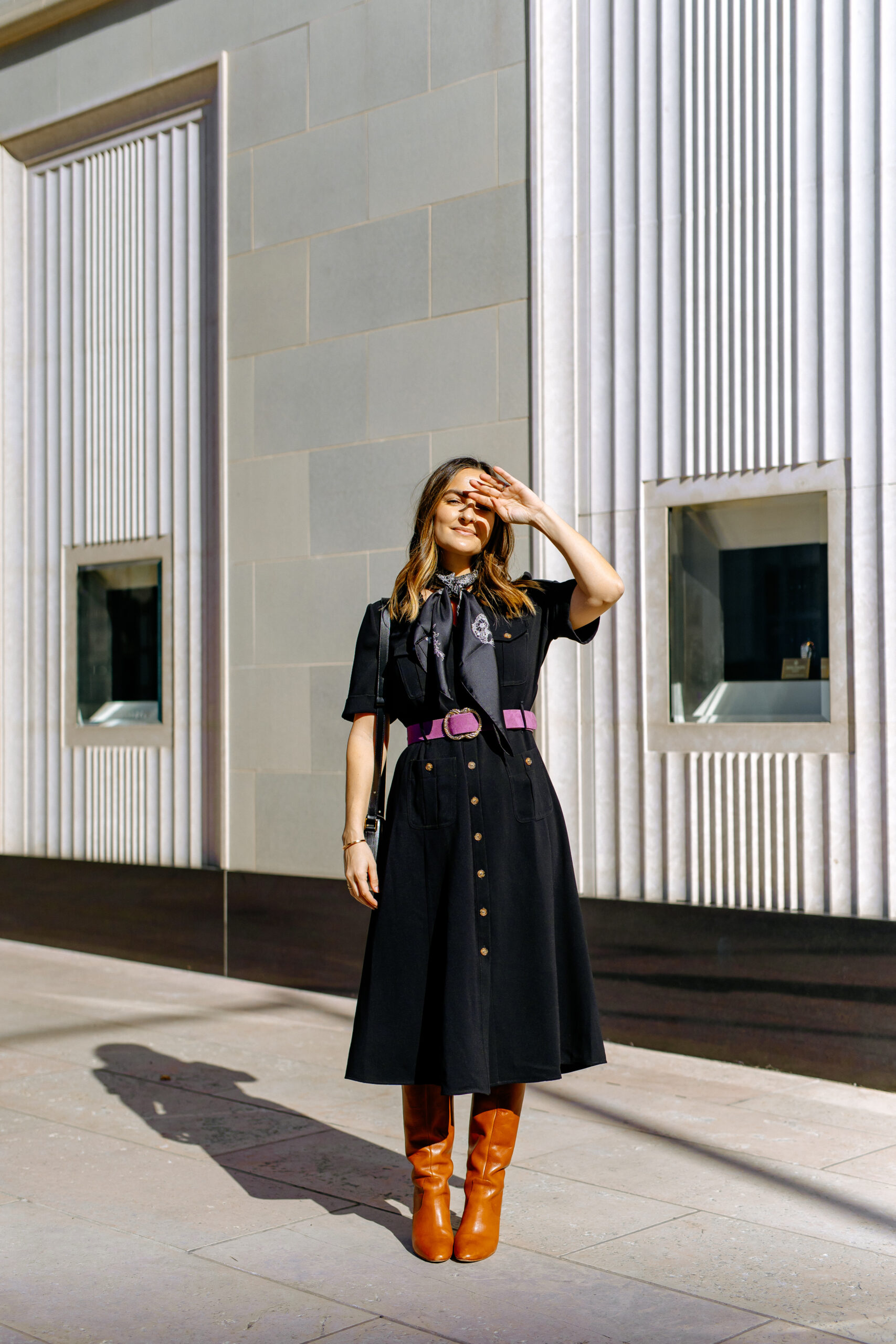 Camille Carter wearing black dress and sharing Sezane size guide and shopping tips