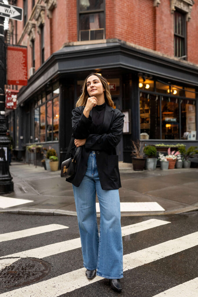Wide Leg Jeans with a Blazer and Turtleneck