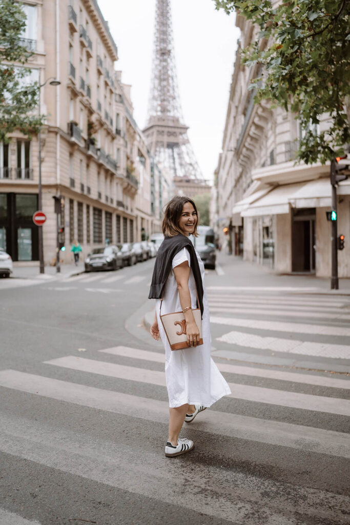 white dress and sneakers