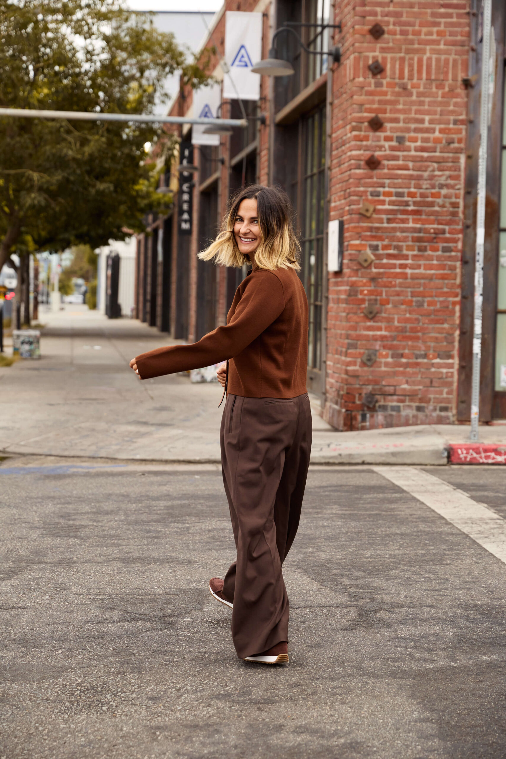 Wide Leg Trousers with Bomber Jacket Chocolate Brown Outfit