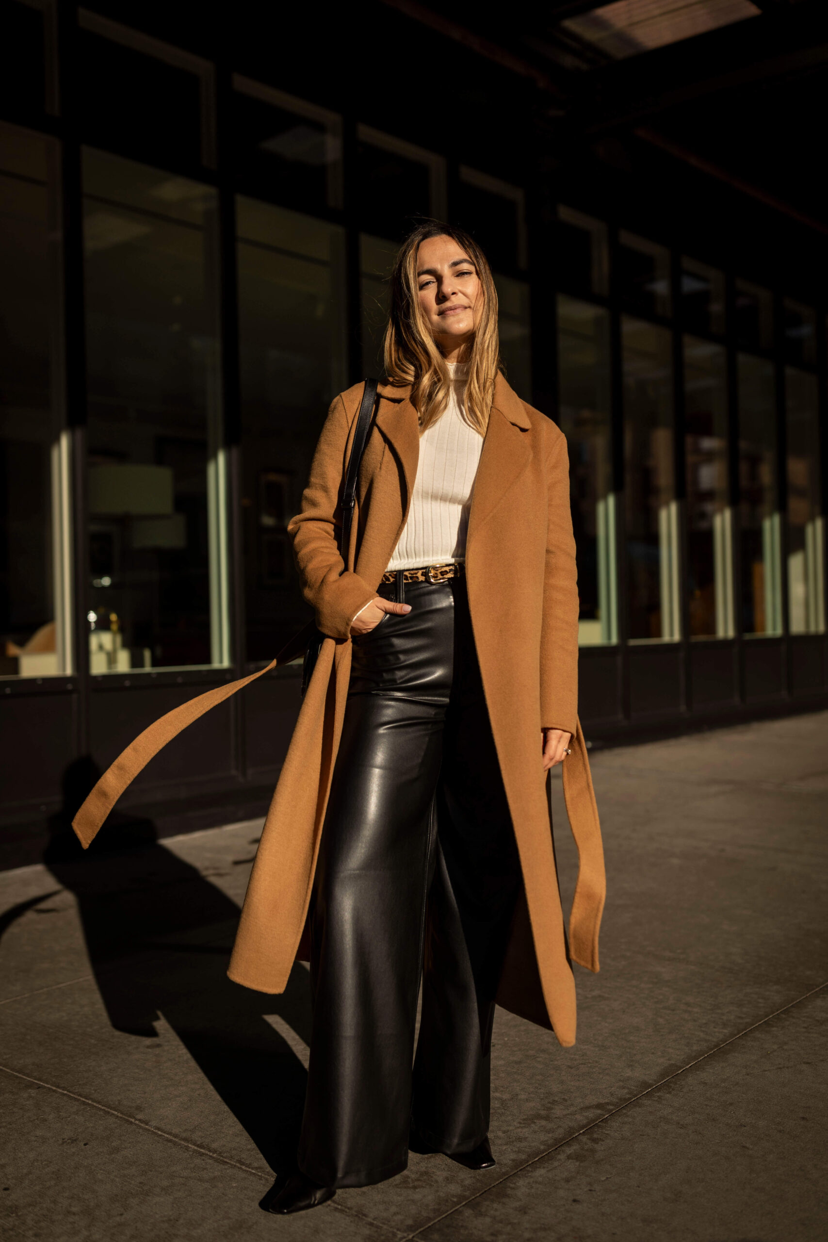 Wide Leg Leather Pants and Long Tan Coat Wide Leg Leather Pants and Long Tan Coat
