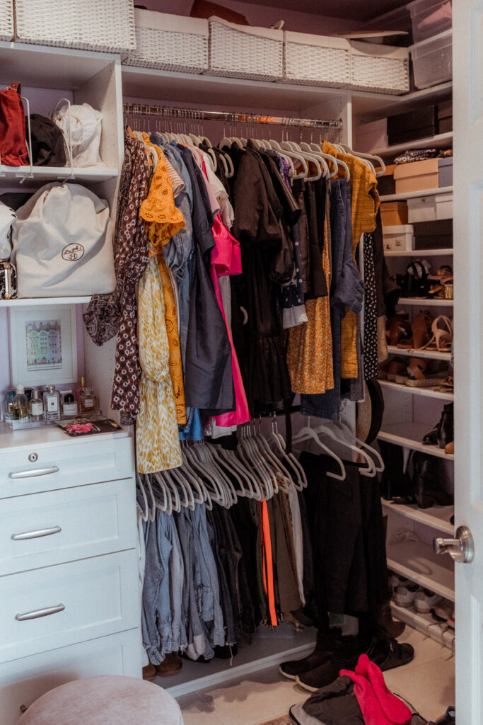 Closet Before clothes hanging before the Marie Kondo Closet Cleanout