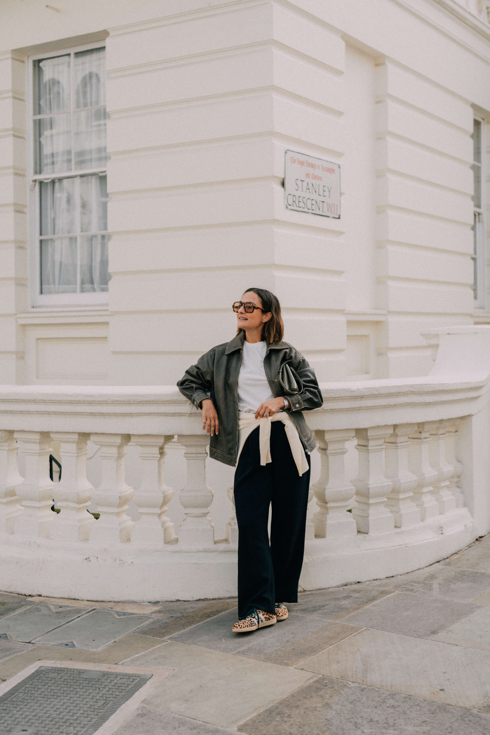 Wide Leg Pants and Leather Jacket Outfit