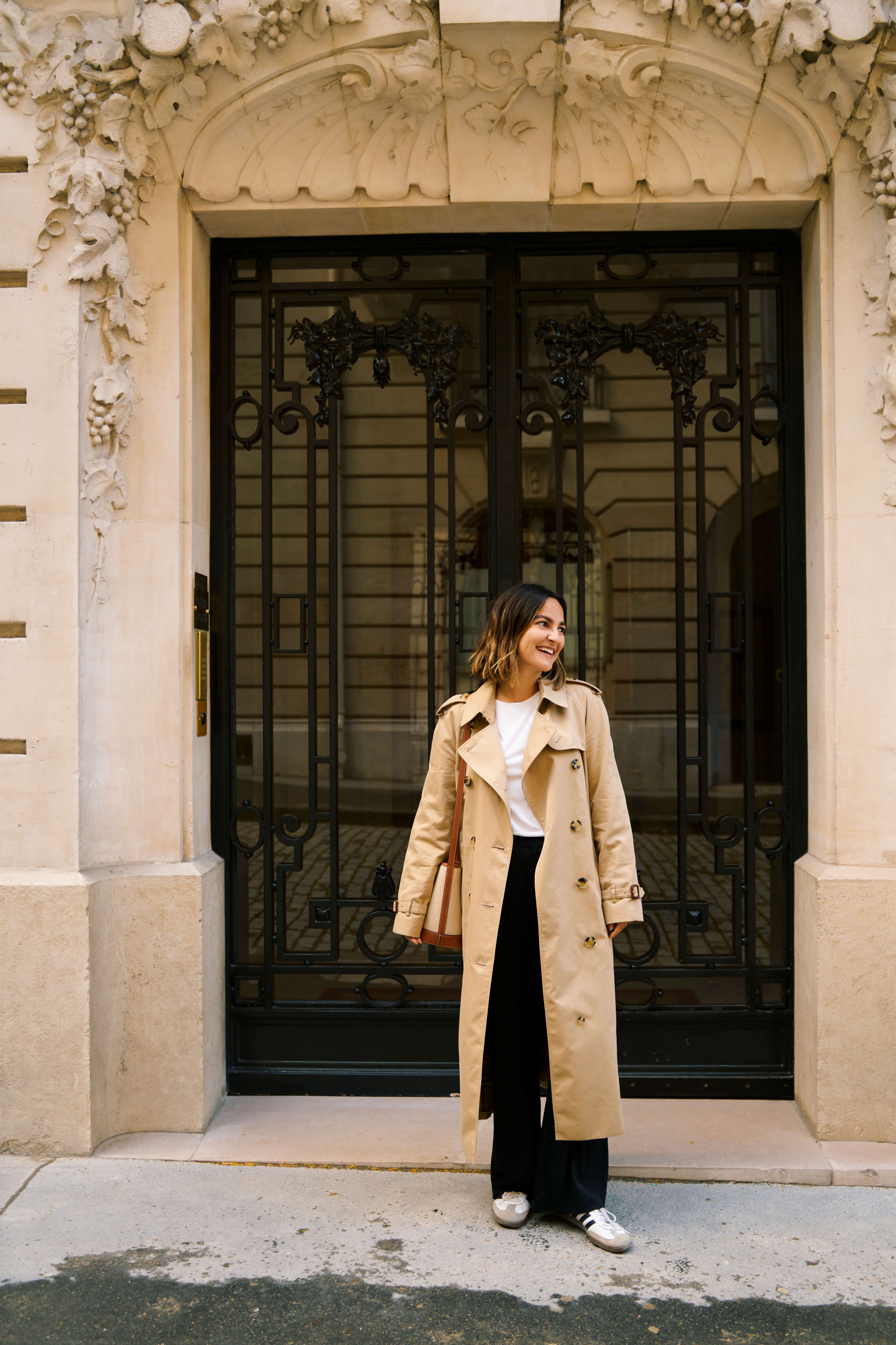 black trousers with trench coat