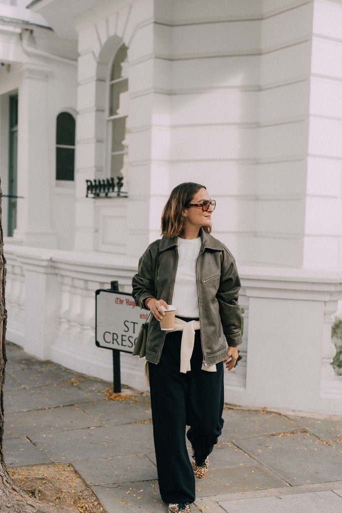 Aritzia Effortless Pants with Leather Jacket