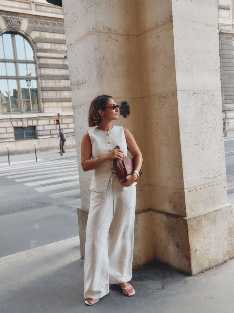 Artizia Lodge Pants in tan linen with a matching vest